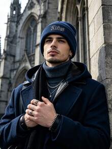 1pc Gothic Style Men Scarf Knitted Beanie, 12 Constellations Design, Fashion Street Ski Hat, Warm And Versatile Cold Weather Cap, Loose Fit - Black - View 5