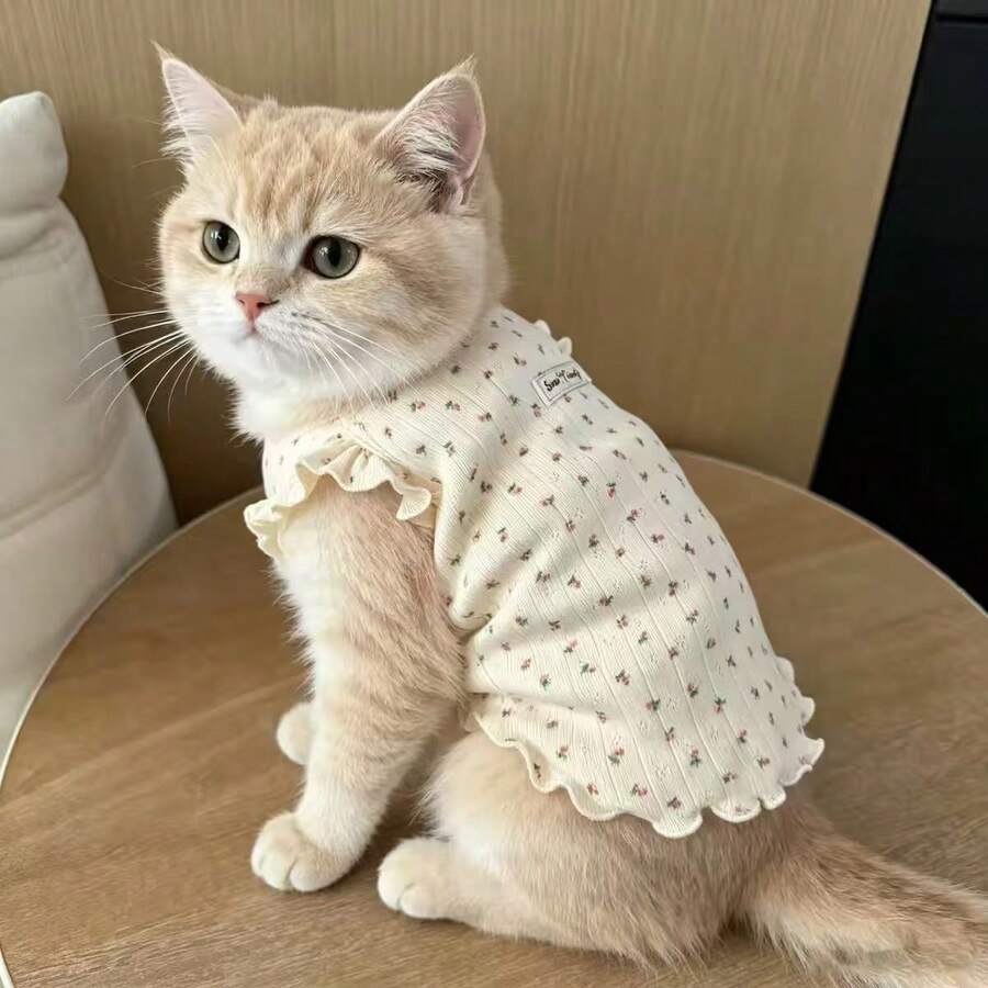 New Flutter Sleeve Floral Pet Vest, Princess Style Cat & Dog Home Wear, Teddy Schnauzer Spring/Autumn Outfit, Anti-Floating Fur Pet Waistcoat