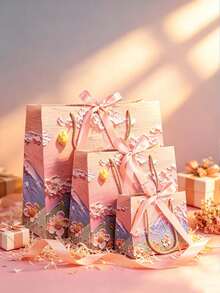 1pc/5pcs 2D Oil Painting Pattern Gift Paper Bags With Ribbon, Portable Paper Gift Bags With Handle Rope, Cloud Petal Cream Color, Suitable For Wedding Creativity, Wedding Favors, Birthday Decoration, Birthday Gift Bags, Wedding Party Gift Bags, Bachelorette Party, Wedding Guest Favors, Valentine's Day (2D Printed) - Multicolor - View 11