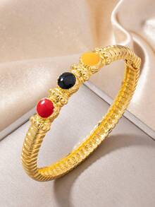 Letingsha 2pcs Luxury Vintage Textured Colorful Enamel Gold-Plated Bracelet & Ring Set, Suitable For Women's Daily Wear, Wedding, Party And Holiday Gift - Multicolor - View 5
