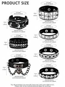 Unisex Multi-Pack Adjustable Pyramid Metal Decor & Heart Lock Star Print Gothic Punk Rock Faux Leather Alloy Bracelet Set All Season - Black - View 11