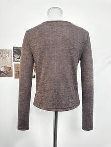 Casual Vibe Draped Neck Plaid Ribbon Patchwork Ruffle Collar 2 In 1 Long Sleeve Autumn/Winter Women's Top - Mocha Brown - View 7