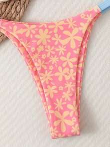 Spring Summer New Pink Floral Print Halter Bikini Swimsuit Set, Beach Date Vibes - Multicolor - View 6