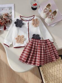 2pcs Baby Girls Gentle Pastoral Style Handmade Crochet Floral Decor Knitted Cardigan And Plaid Pleated Skirt Set, Spring/Autumn - Burgundy - View 3