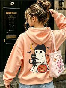 2026 Fall Custom Oversized Melon Orange Hoodie For Girls, Cute Bunny Print Casual Sweatshirt - Hami Melon Orange - View 12