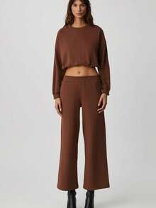 DEWANNA Women's Long Sleeve Crop Bitter Coffee Tracksuit Set - Brown - View 1
