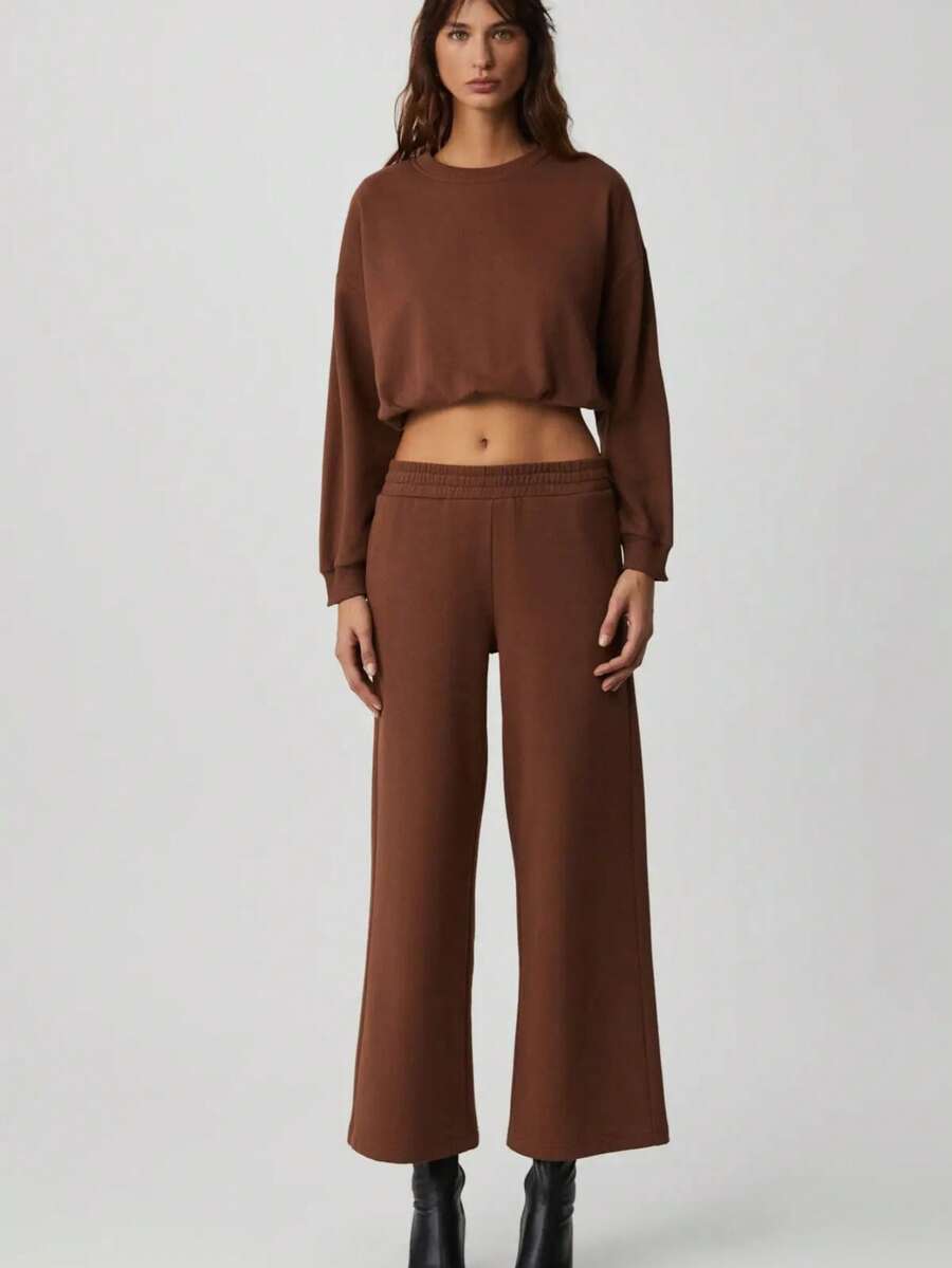 DEWANNA Women's Long Sleeve Crop Bitter Coffee Tracksuit Set - Brown - View 1