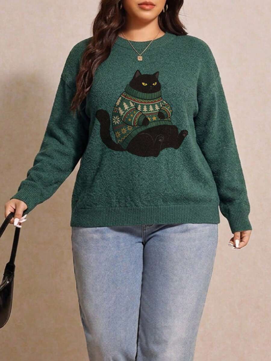 Women's Plus Size Sweater, Black Cat Pattern, Comfortable Autumn/Winter Women's Clothing, Long Sleeve Crew Neck - Green - View 1