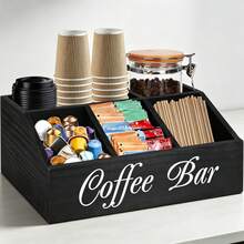 Wooden Coffee Bar Storage Box, Countertop Coffee Station Organizer, Multi-Compartment Coffee Accessories Storage Rack, Holds Coffee Pods, Tea Bags, Paper Cups, Straws - Black - View 5