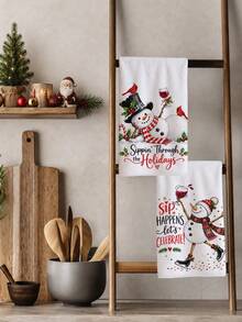 2pcs Funny Snowman & Text Pattern Christmas Kitchen Towels, 40*60cm Soft Microfiber Tea Towels, Suitable For Home Kitchen Restaurant Outdoor Camping Tabletop Cleaning Dish Cloth Hand Towel Accessories, Winter Christmas Holiday Theme Kitchen Towels Holiday Gift - Multicolor - View 7