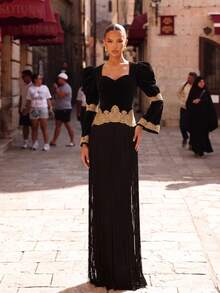 LOVE&LEMONADE Elegant Women's Black Long Sleeve Gold Embroidered Lace Hem Tassel Trim Fitted Dress - Black - View 1