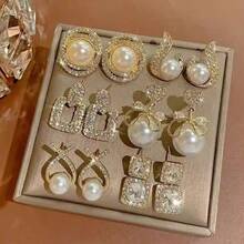 12pcs Women's Premium Luxury Pearl Earrings Set, Suitable For Daily Wear - Yellow Gold - View 1