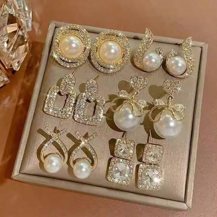 12pcs Women's Premium Luxury Pearl Earrings Set, Suitable For Daily Wear - Yellow Gold - View 1