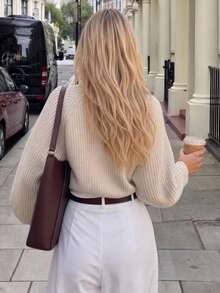 Plus Size Women's Oatmeal Short Knit Cover Up, Chunky Knit Loose Lantern Bubble Long Sleeve Wide Rib Cuff Cold Shoulder Layering Outerwear Cover-Up, Spring/Autumn Slouchy Knit Top - Apricot - View 2