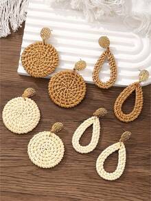 Yanxyad 1/4 Handmade Woven Rattan Geometric Pendant Earrings, Lightweight Elegant Drop Earrings - Beige - View 5