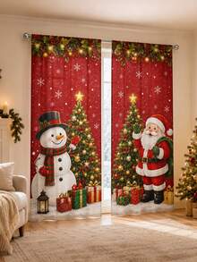 2 Pcs Gorden Liburan Natal, Gorden Motif Cetak Kartun Sinterklas Merah & Manusia Salju Natal, Dekorasi Jendela Semi Transparan Hangat untuk Hari Raya dengan Kantong Batang, Cocok untuk Ruang Tamu dan Kamar Tidur, Batang Tidak Termasuk, Dapat Dicuci Mesin - MultiWarna - View 9