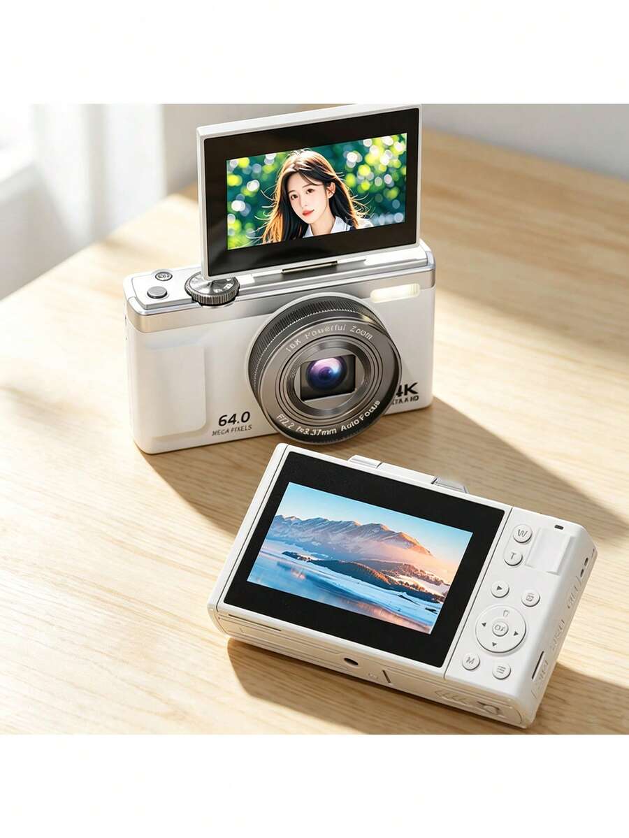 Kamera Vlog Digital 4K Layar Putar 180°, 64MP Autofokus Zoom 16X Kamera Kompak Point & Shoot, Filter Kecantikan Layar IPS Transfer OTG, Portabel untuk Selfie dan Perjalanan, Tidak Termasuk Kartu Memori - View 1