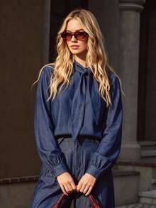 Fall Vintage Dark Blue Bow Tie Collar Long Sleeve Blouse, Elegant Women Commuter Shirt, Vintage Lantern Sleeve Loose Top For Fall - Blue - View 8