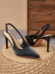2026 Textured Embossed Thin Heel High Heels For Women, Pointed Toe Minimalist Back Strap Adjustable Closed Toe Fashion Sandals, Toe Protection, Breathable Backless Design, Suitable For Commute, Date, Party, Matches With Trench Coat, Wide Leg Jeans, Elegant Mature Style - Black - View 5