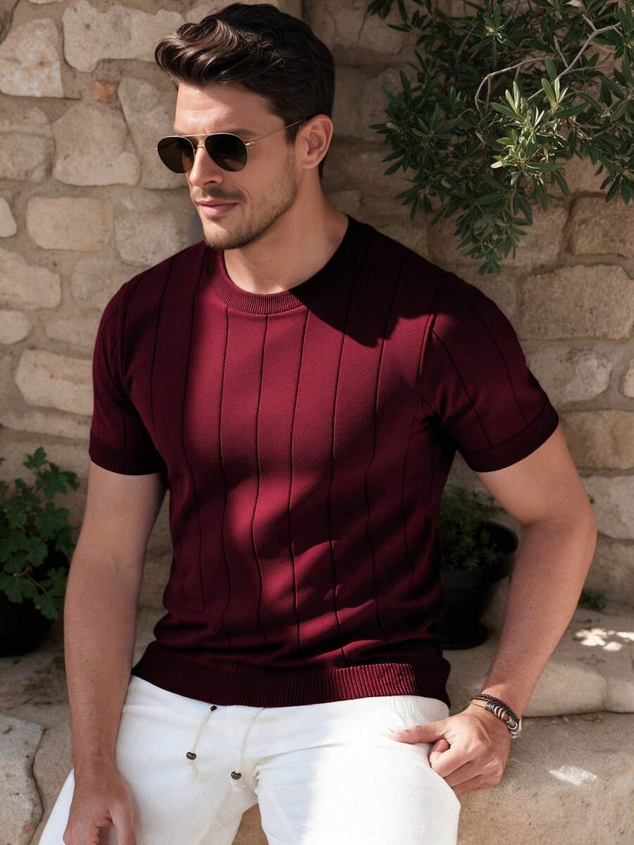 ALTZTAR Men's Thin Solid Color Short Sleeve Knit Vertical Striped Crew Neck Top