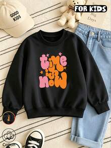 Girls Bubble Letter & Star Print Crew Neck Sweatshirt, Soft Long Sleeve Casual Kids Pullover Top - Black - View 9