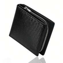 HOVI'S Men's RFID Blocking Bifold Wallet With Card Slots And Zipper Coin Purse, Ultra-Thin Carbon Fiber Card Holder With Hidden Zipper Pocket, Business Card Organizer - Black - View 1