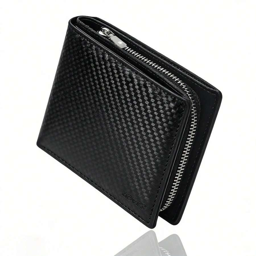 HOVI'S Men's RFID Blocking Bifold Wallet With Card Slots And Zipper Coin Purse, Ultra-Thin Carbon Fiber Card Holder With Hidden Zipper Pocket, Business Card Organizer - Black - View 1