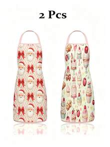 2 Buah/1 Buah Celemek Dapur Natal, Sabuk Santa & Pita Merah Besar Motif Garis Celemek Dada yang Dapat Diatur, Celemek Memasak dan Memanggang Tahan Air untuk Dekorasi Pesta Liburan Natal, Hadiah - MultiWarna - View 1