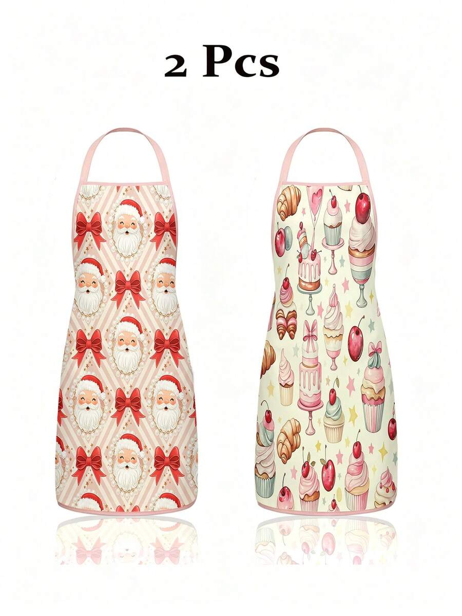 2 Buah/1 Buah Celemek Dapur Natal, Sabuk Santa & Pita Merah Besar Motif Garis Celemek Dada yang Dapat Diatur, Celemek Memasak dan Memanggang Tahan Air untuk Dekorasi Pesta Liburan Natal, Hadiah - MultiWarna - View 1