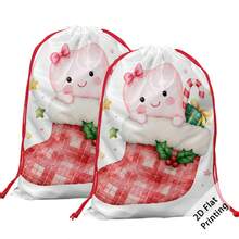 2pcs Double-Sided Printed Drawstring Christmas Gift Bags, Plaid Christmas Socks, Candy Cane And Gift Box Pattern, Sweet Cartoon Holiday Gift Packaging Bags, Large Drawstring Storage Bags, Suitable For Candy, Clothing Packaging And Christmas Party Gift Exchange - Multicolor - View 12