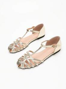 New Fashion Women's Round Toe Simple Cross Strap Hollow Out Sandals - Gold - View 1
