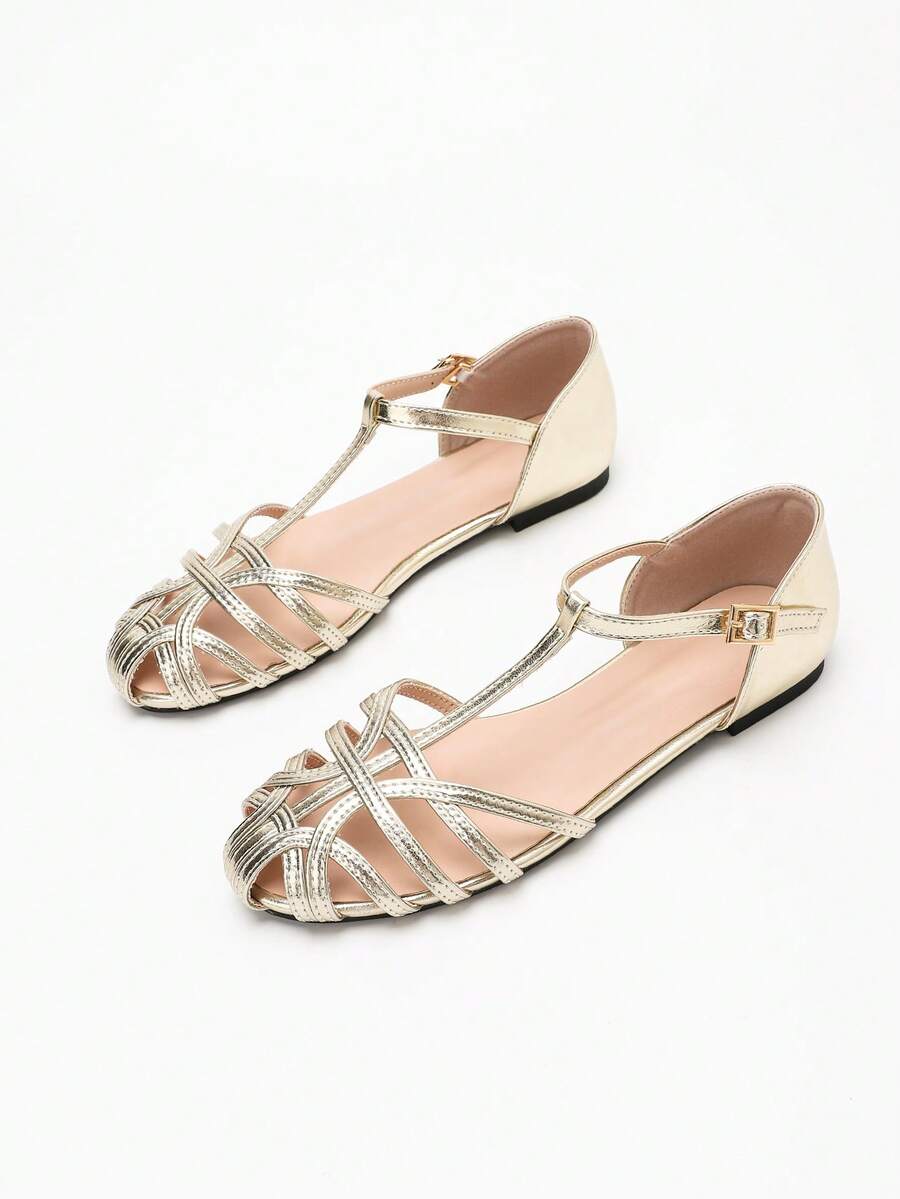 New Fashion Women's Round Toe Simple Cross Strap Hollow Out Sandals - Gold - View 1