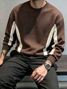 Men's Loose Fit Crew Neck Sweatshirt, Soft And Comfortable Casual Pullover, Suitable For Daily Wear - Brown - View 2