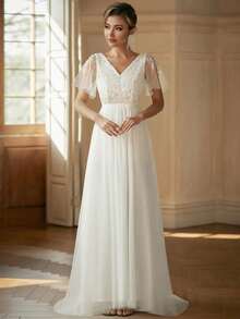 Elegant White V-Neck Bridesmaid Dress, Beaded Lace Bodice Design, With Flutter Sleeves, Suitable For Vacation, Wedding, Birthday, Party, Homecoming, - White - View 9