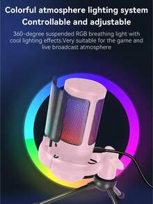 1個 USB 插頭 RGB 電競電容式麥克風，即插即用電腦麥克風，具備降噪、一鍵靜音、回聲音量控制、旋轉增益旋鈕，適用於直播、播客、遊戲、語音聊天 - 粉色 - 查看 4