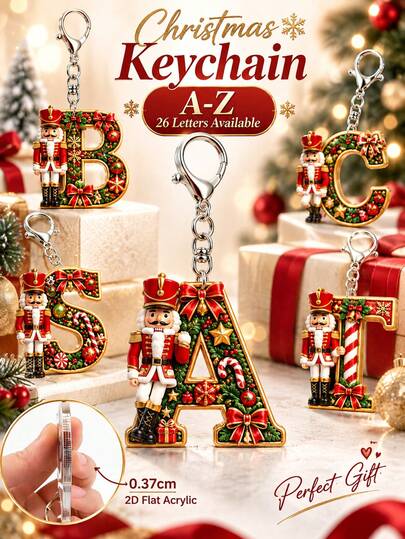 2D Flat Acrylic Christmas Nutcracker Initial Letter Keychain, A-Z 26 Letters, Festive Bag Charm & Key Ring, Cute Holiday Gift For Friends, Women & Men