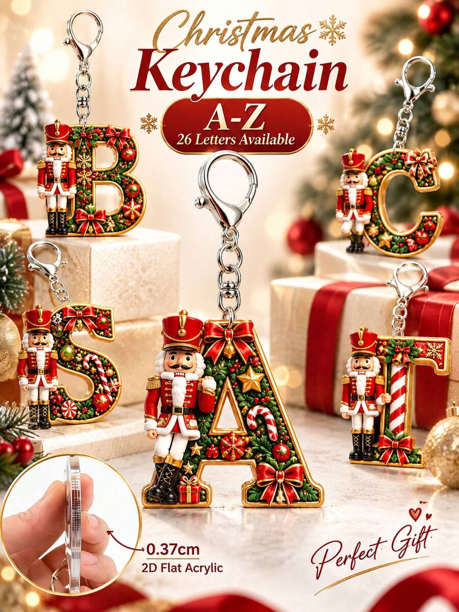 2D Flat Acrylic Christmas Nutcracker Initial Letter Keychain, A-Z 26 Letters, Festive Bag Charm & Key Ring, Cute Holiday Gift For Friends, Women & Men - Multicolor - View 1