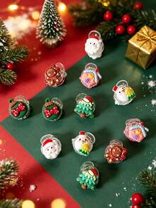 12pcs Women's Christmas Tree, Santa Claus, House, Snowman, Gingerbread Man, Bell Small Round Claw Clips Set, Cute - Multicolor - View 5