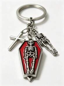 1pc New Alloy Enamel Halloween Skeleton Keychains, Gothic Coffin Cross Skull Charm, Silver Key Rings Chain, Car Bag Pendant, Halloween Party Gift - Multicolor - View 6