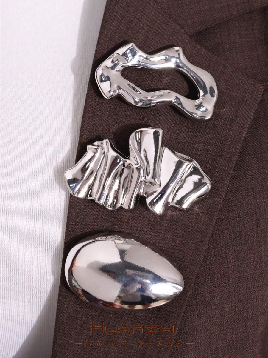 3pcs Set Personalized Minimalist Silver Geometric Asymmetric Pleated Hollow Water Drop Brooch Set, Versatile Style, Suitable For Autumn/Winter Coats And Blazers - Silver - View 1