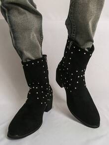 Men's Western Cowboy Boots, Round Toe, Black Suede-Like Fabric Upper, Rhinestone Decor, Side Zipper, Chunky Heel, Boots For Party, Daily Casual Wear - Black - View 4