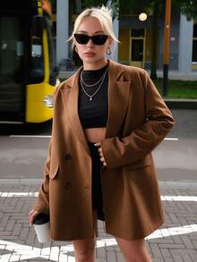 Women's Casual Autumn/Winter Suede Brown Blazer - Khaki - View 2