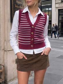 Aflion Women's Summer Autumn Striped Knit Vest, V-Neck Front Button Sleeveless Cropped Sweater Vest - Burgundy - View 7