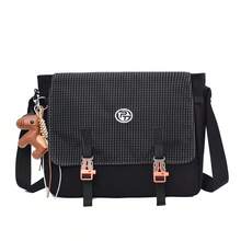 Black Plaid Flap Messenger Bag, Color-Block Buckle Design, Comes With Small Horse Charm, Large Capacity, Adjustable Shoulder Strap, Durable Nylon Fabric, Student School Commute Crossbody Bag - Multicolor - View 2