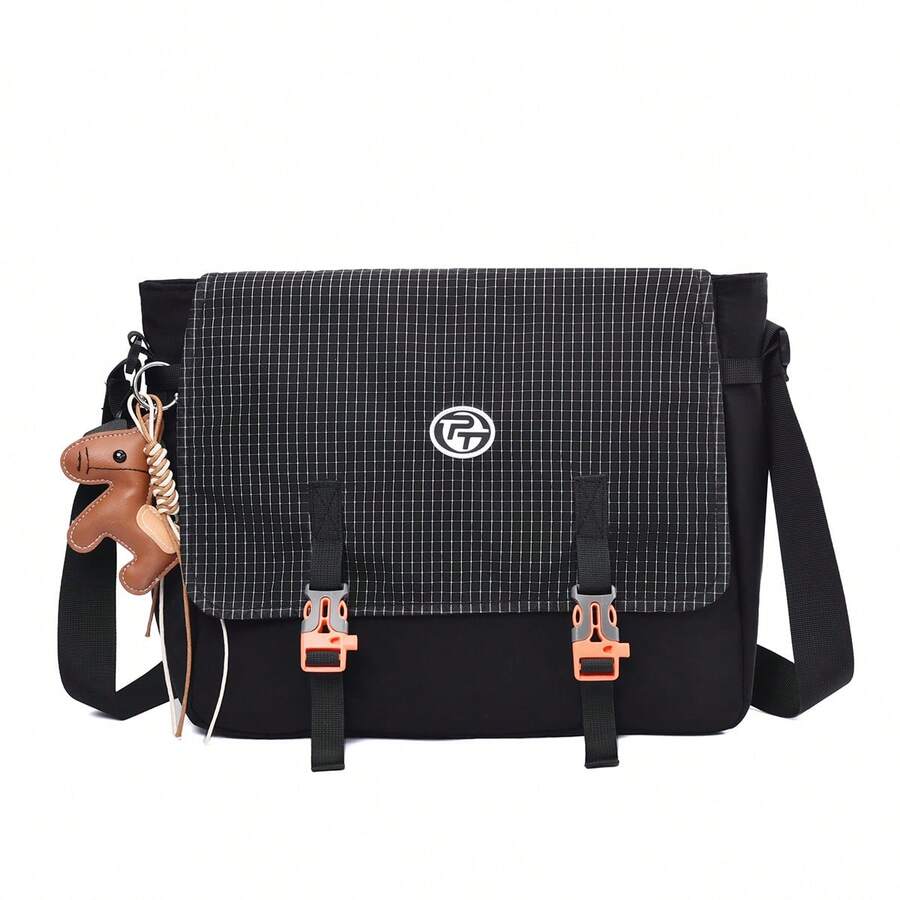 Black Plaid Flap Messenger Bag, Color-Block Buckle Design, Comes With Small Horse Charm, Large Capacity, Adjustable Shoulder Strap, Durable Nylon Fabric, Student School Commute Crossbody Bag