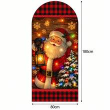 Arched Christmas Photo Backdrop 80*180cm, Vintage Wooden Plaid Design With Santa, Reindeer, Gingerbread Man And Pine Wreath, Holiday Party Background Decor For Wall And Room Decoration - A - View 3