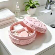 Cherry Blossom Embossed Pink Round Makeup Storage Box With Lid, High Aesthetic Ins Style Organizer For Cotton Pads, Jewelry, Makeup Accessories, Suitable For Vanity Table - View 3