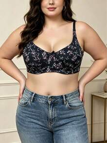3pcs Plus Size Printed Fashion Bra For Women, Adjustable Shoulder Straps, Side-Smoothing, Anti-Sagging, Thin Adjustable Hook-And-Eye Underwear - Black - View 6