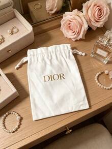 Dior White Linen Drawstring Pouch With Gold Foil Letter Logo, Soft Fabric Portable Storage Bag For Makeup, Skincare, Jewelry, Travel Dust-Proof Small Cloth Bag, Minimalist Gentle Exquisite Holiday Gift - White - View 2