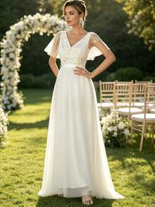 Elegant White V-Neck Bridesmaid Dress, Beaded Lace Bodice Design, With Flutter Sleeves, Suitable For Vacation, Wedding, Birthday, Party, Homecoming, - White - View 2